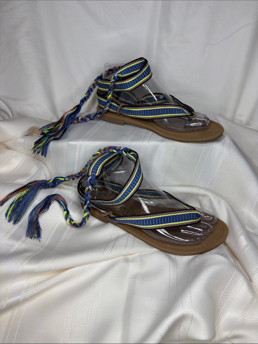 Sam & Libby Blue Multi-Striped Braided Lace-Up Sandals